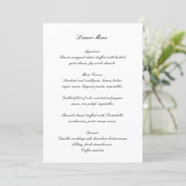 Classic Black and White Timeless Wedding Menu (Standing Front)