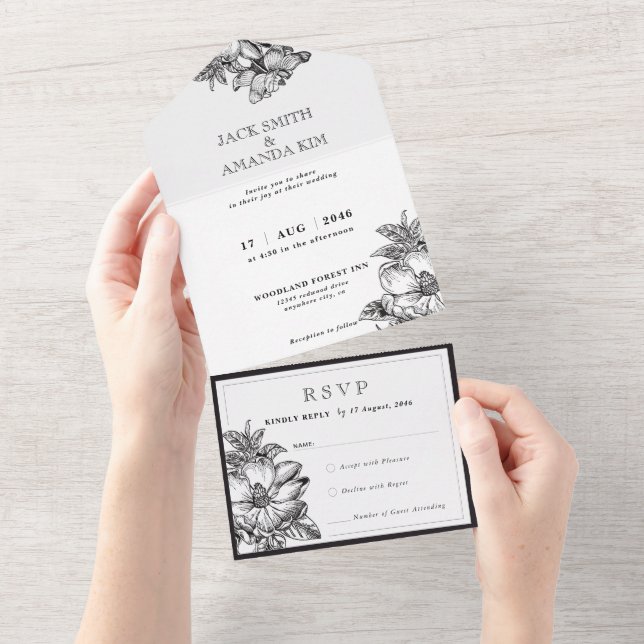 Classic Black and White Wedding All in one RSVP All In One Invitation (Tearaway)