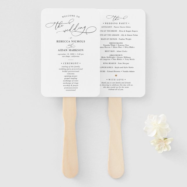 Classic Black and White Wedding Program Hand Fan (Front and Back)