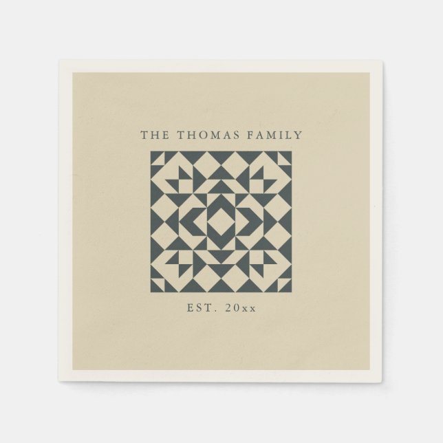 Classic Black Beige Quilt Geometric Custom Family Napkin (Front)