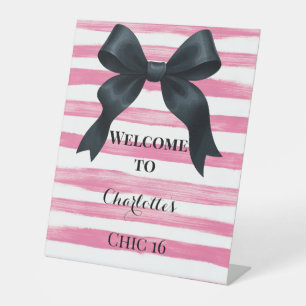 Classic Black Bow Pink Stripes Pedestal Sign