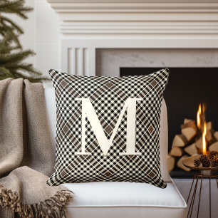 Classic Black Brown Tartan Pattern with Monogram Throw Pillow