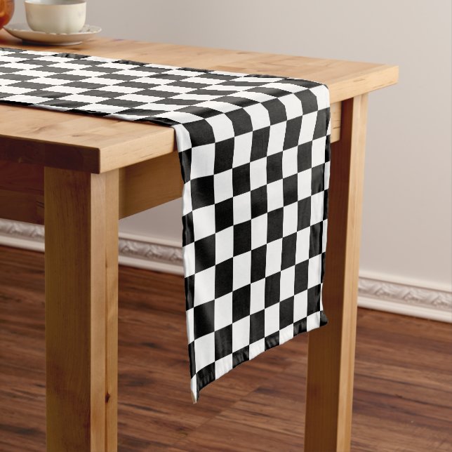 Classic black checkerboard short table runner (In Situ)