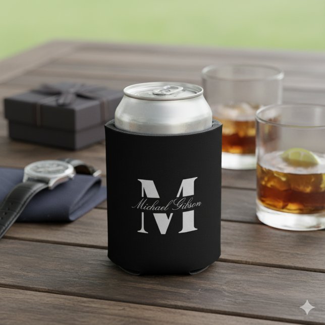 Classic Black | Custom Monogram Wedding Groomsmen  Can Cooler (Classic Black | Custom Monogram Wedding Groomsmen Can Cooler)