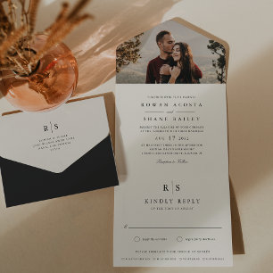 Classic Black & Ecru Monogram Wedding Photo All In One Invitation