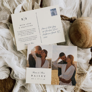 Classic Black & Ecru Monogram Wedding Thank You Postcard