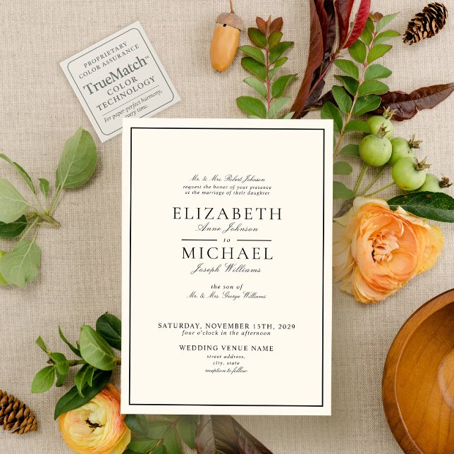 Classic Black & Ecru Script Elegant Wedding Invitation (Creator Uploaded)