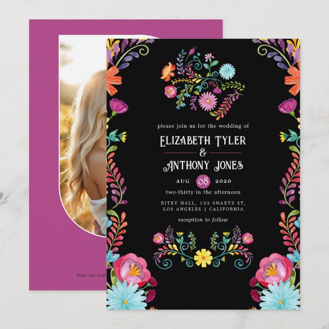 Classic Black Floral Mexican Fiesta Wedding Invitation (Front/Back)