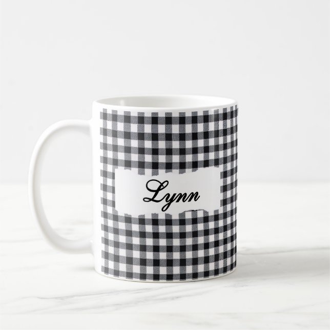 Classic Black Gingham Personalized Name  Coffee Mug (Left)