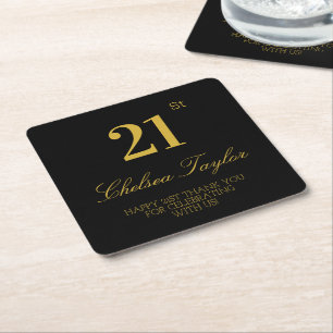 Classic Black & Gold 21st Birthday Confetti Party Square Paper Coaster