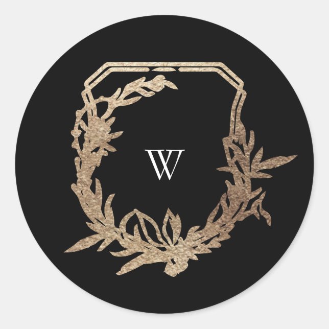 classic black gold botanical motif monogram crest classic round sticker (Front)
