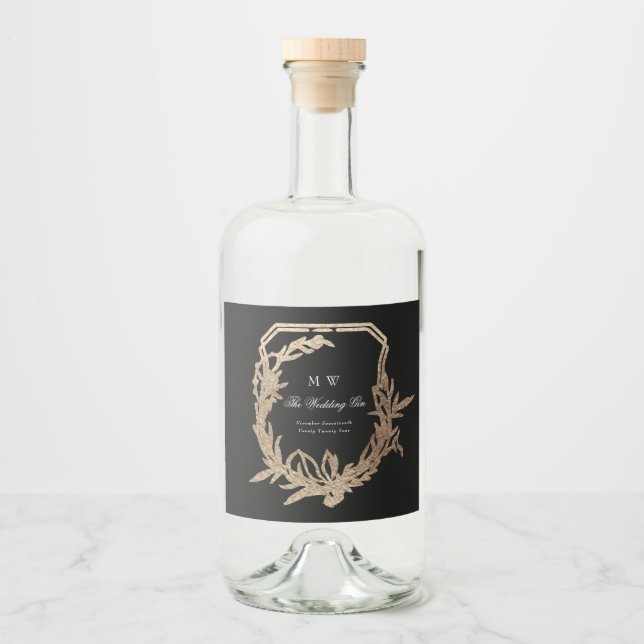 classic black gold botanical motif monogram crest liquor bottle label (Front)