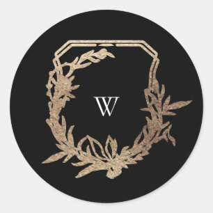 classic black gold botanical motif monogram crest round sticker