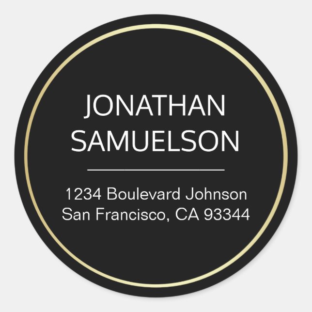 Classic Black Gold Circle Name & Return Address Round Sticker (Front)