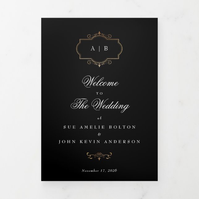 classic black gold crest tri-fold wedding program (Cover)
