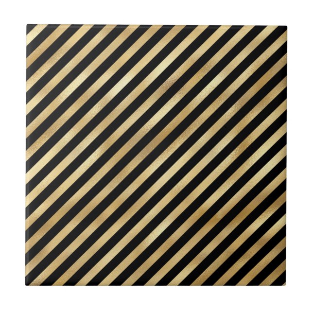 Classic Black Gold Diagonal Stripe Illustration Tile (Front)