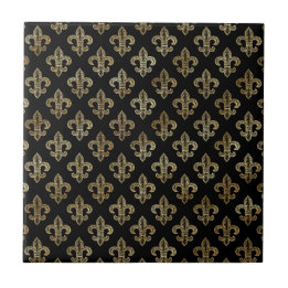 Classic Black Gold Fleur De Lis Illustration Tile
