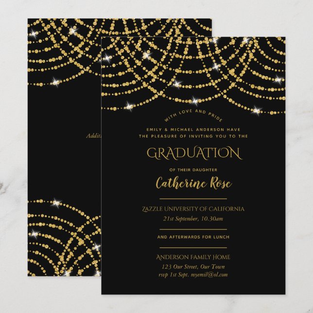 Classic Black Gold Graduation Ceremony + Reception Invitation (Front/Back)