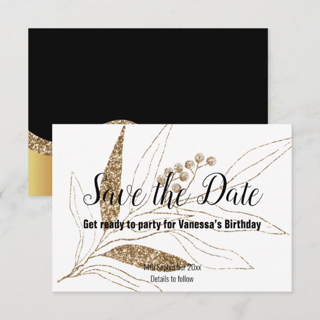 CLASSIC BLACK GOLD LEAF PRINT SAVE THE DATE RSVP CARD (Front/Back)