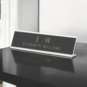 Classic Black Gold Minimalist Monogram Name Desk Name Plate
