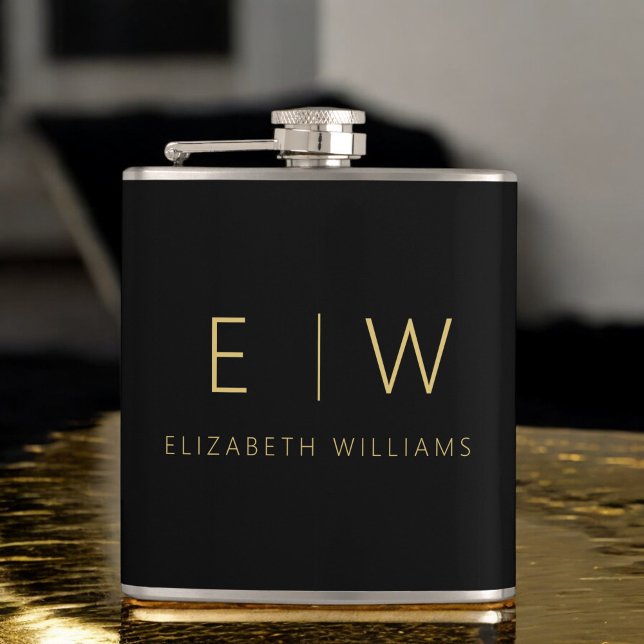 Classic Black Gold Minimalist Monogram Name Hip Flask (Creator Uploaded)