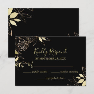 Classic Black & Gold Peony Modern Floral Wedding RSVP Card