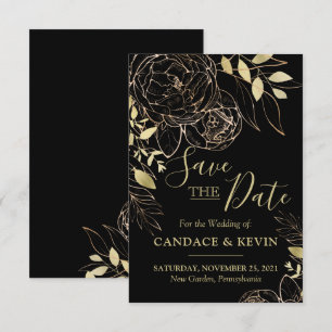 Classic Black & Gold Peony Modern Floral Wedding Save The Date