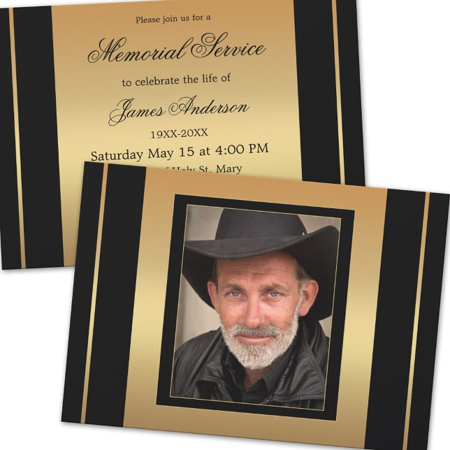 Classic Black Gold Photo Funeral Memorial Service Invitation (Creator Uploaded)