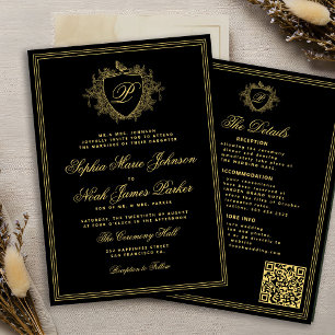 Classic black gold QR formal monogram wedding Invitation