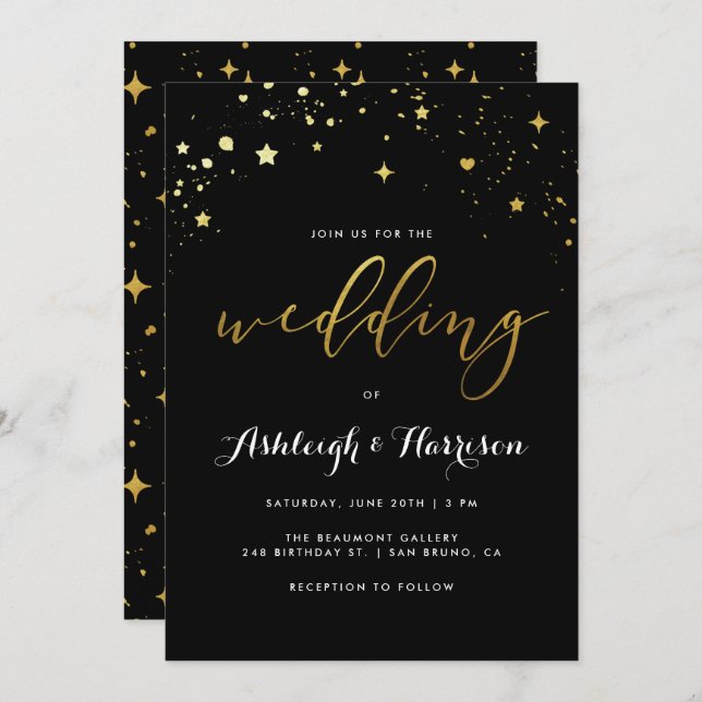Classic Black & Gold Star Confetti Wedding Invitation (Front/Back)