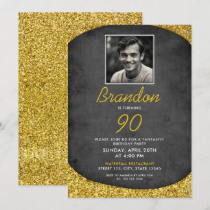 Classic Black & Gold Vintage Photo 90th Birthday Invitation