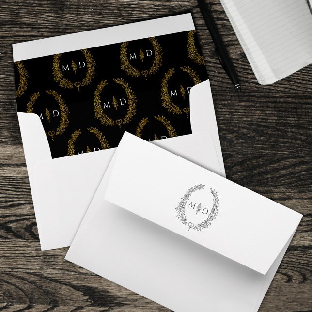 Classic black gold white monogram wreath wedding envelope (Creator Uploaded)