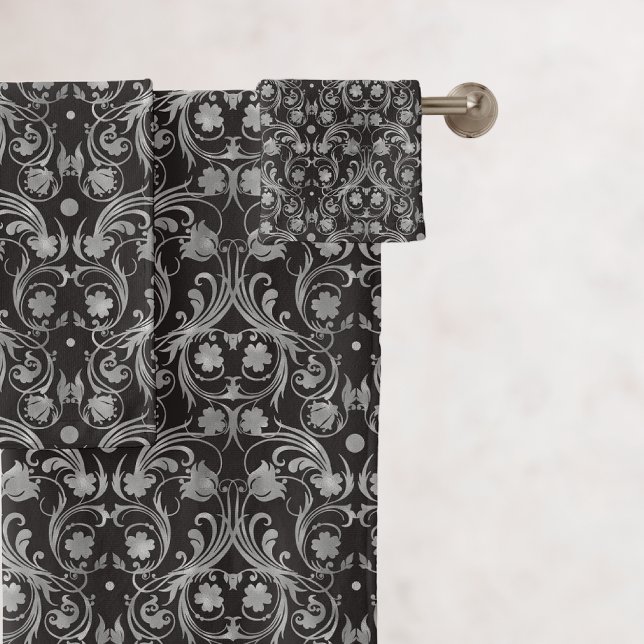 Classic Black & Grey Damask Pattern Bath Towel Set (Creator Uploaded)