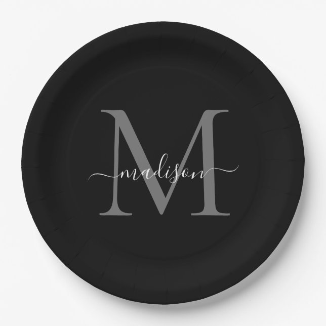 Classic Black Grey Monogram Modern Script Name Paper Plate (Front)