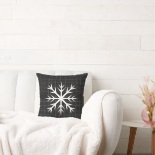 Classic Black Grey Tartan pattern snowflake Throw Pillow