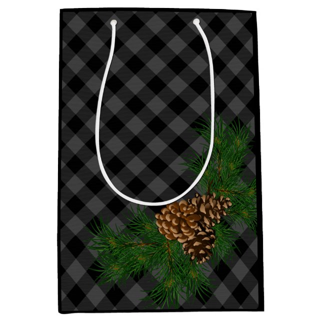 Classic black grey tartan plaid pattern pinecone medium gift bag (Front)