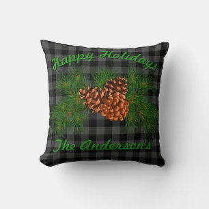 Classic black grey tartan plaid pattern pinecone  throw pillow