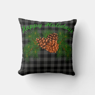 Classic black grey tartan plaid pattern pinecone throw pillow