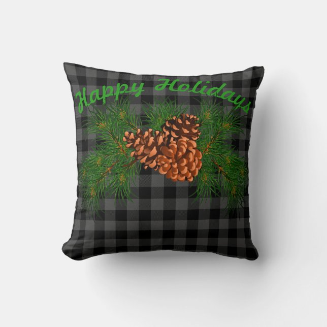 Classic black grey tartan plaid pattern pinecone throw pillow (Front)