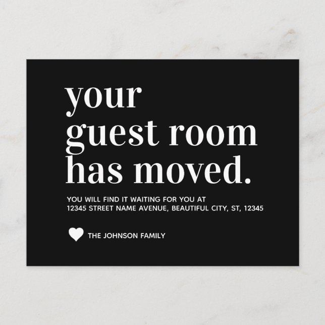 Classic Black Guest Room Moved Moving Announcement (Front)