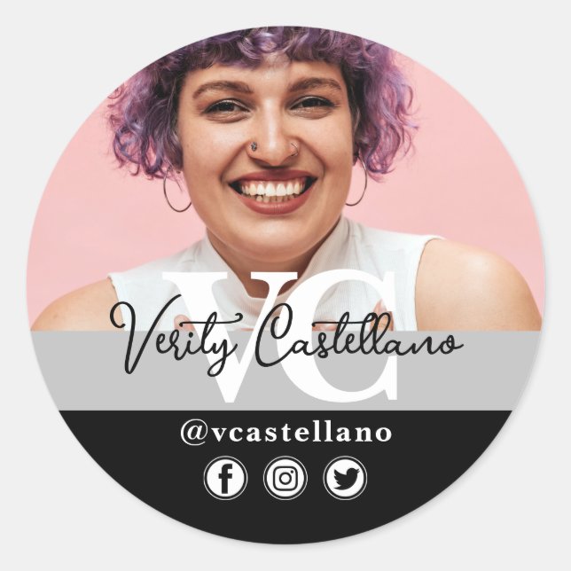 Classic Black Modern Script Name & Custom Photo Classic Round Sticker (Front)