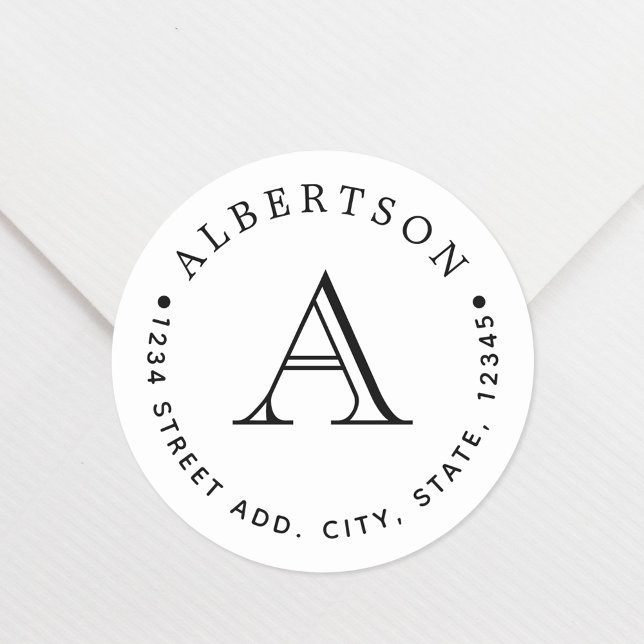 Classic Black Monogram Family Name Return Address Round Sticker (Creator Uploaded)