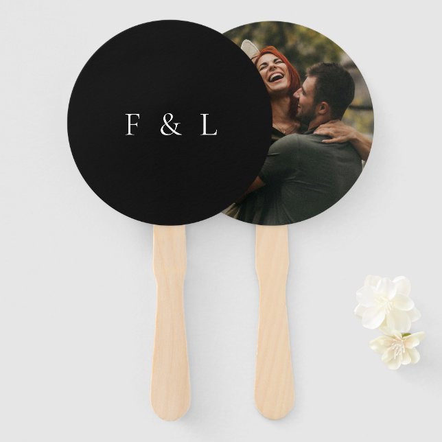 Classic Black Monogram Photo Simple Wedding Hand Fan (Front and Back)