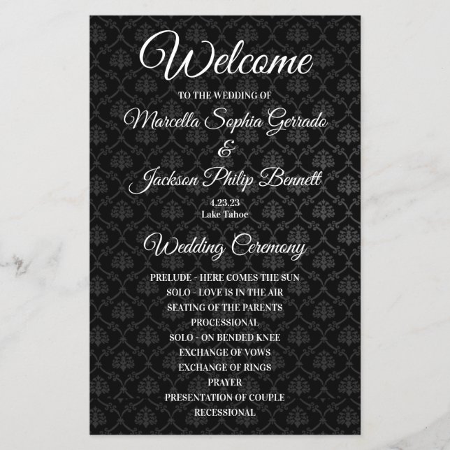 Classic Black Pattern Wedding Program (Front)