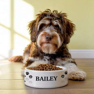 Classic Black Paw Print Personalized Pet Name Bowl