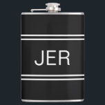 Classic Black Personalized Monogram Initials Drink Hip Flask<br><div class="desc">Three Initial Monogrammed stainless steel flasks are timeless, classic and stylish. Our Unique design is the perfect personalized gift for that special occasion. Shop our integrated collection of coordinating colours and golf - sports accessories. Custom personal monogrammed initials are added to a classic black background with white shadowed font and...</div>