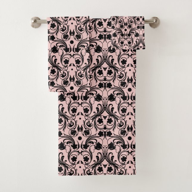 Classic Black & Pink Damask Pattern Bath Towel Set (Insitu)