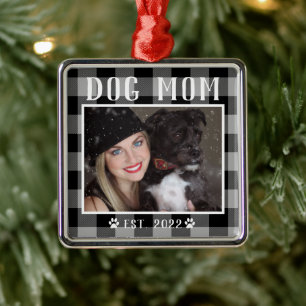 Classic Black Plaid Personalized Dog Mom Photo Metal Ornament
