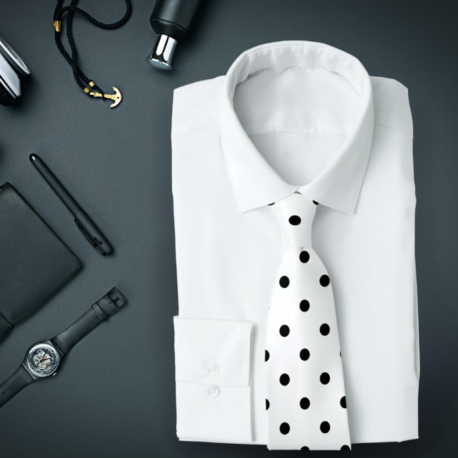 Classic Black Polka Dot Pattern on White Tie (A white tie with black polka dots is featured on an assemblage of men's accessories.)