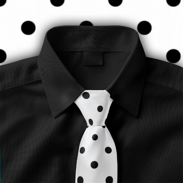 Classic Black Polka Dot Pattern on White Tie (Tie featuring a black polka dot pattern on white is shown on black button down shirt.)